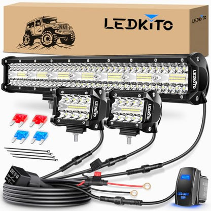 20In LED Light Bar and 4In LED Cube Pods Lights with Wiring Harness | 3Pin Rocker Switch Spot Flood Combo Beam Triple Row Off Road Driving Work Lights Bar for Je-ep Truck Pickup Tractor Golf Car - size: 20 Inch LED Light Bar + 4 Inch LED Pods (2PCS) Kit