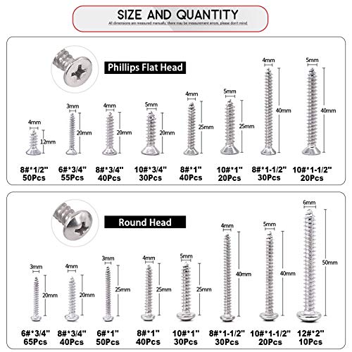Hilitchi 570 Piece M 3 4 5 6 Stainless Steel Phillips Round Flat Head Self Tapping Screw Assortment Kit - color: silver - 570pcs