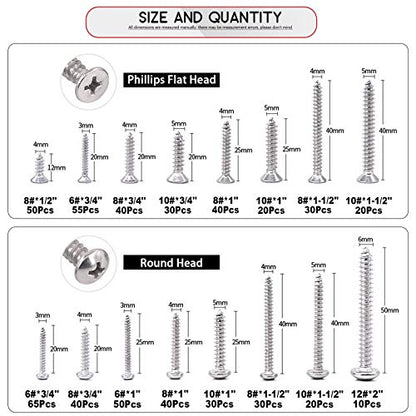 Hilitchi 570 Piece M 3 4 5 6 Stainless Steel Phillips Round Flat Head Self Tapping Screw Assortment Kit - color: silver - 570pcs