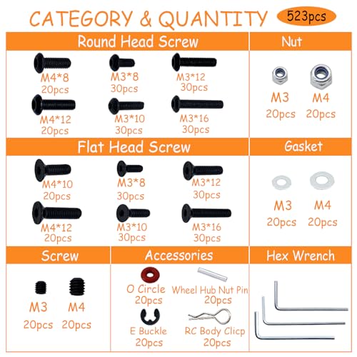 520pcs Universal RC Screw Kit Screws Assortment Set, Hardware Fasteners for Traxxas Redcat Arrma Axial RC4WD HSP HPI SCX10 Losi 1/8 1/10 1/12 1/16 Scale RC Crawler Cars Trucks