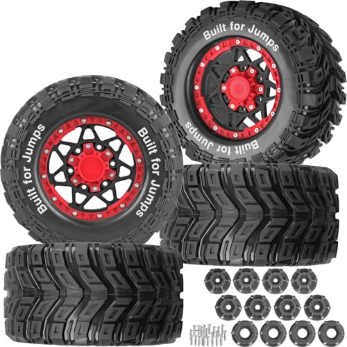 RC Truck Tires 12mm/14mm/17mm Hex RC Wheels and Tires for 1/10 Big Rock Granite Vortek/Stampede Rustler Hoss/L0s1 Rc 4wd,RC Monster Truck Car Wheel 4Pcs,Black Red - color: Black Red - (12mm/14mm/17mm Hex)