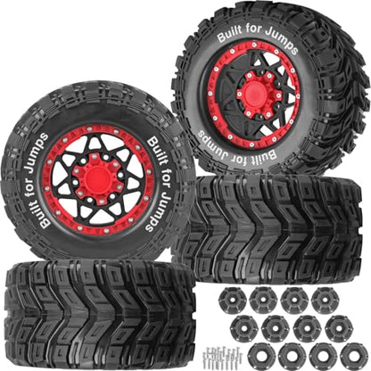 RC Truck Tires 12mm/14mm/17mm Hex RC Wheels and Tires for 1/10 Big Rock Granite Vortek/Stampede Rustler Hoss/L0s1 Rc 4wd,RC Monster Truck Car Wheel 4Pcs,Black Red - color: Black Red - (12mm/14mm/17mm Hex)