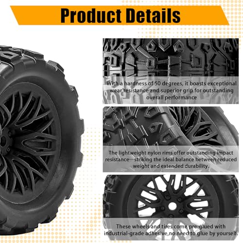 Pre-Glued 1/16 & 1/18 RC Monster Truck Rubber Tire & Nylon Wheel - 12mm Hex | Rubber Tires with Foam Fits for ARRMA 1/18 Granite/Typhon Grom, WLtoys A949, MJX Hyper Go H16 (4PCS, Black) - color: Black
