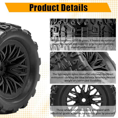 Pre-Glued 1/16 & 1/18 RC Monster Truck Rubber Tire & Nylon Wheel - 12mm Hex | Rubber Tires with Foam Fits for ARRMA 1/18 Granite/Typhon Grom, WLtoys A949, MJX Hyper Go H16 (4PCS, Black) - color: Black