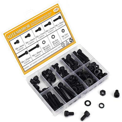 129 Pieces M6 Screws Nuts Washers Set Black, Sutemribor M6 x 8/10/12/16/20/25/30mm Hex Socket Head Cap Screws Nuts Washers Assortment Kit, 12.9 Grade Alloy Steel, Fully Threaded - size: M6, style: Socket Head