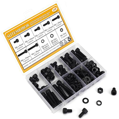 129 Pieces M6 Screws Nuts Washers Set Black, Sutemribor M6 x 8/10/12/16/20/25/30mm Hex Socket Head Cap Screws Nuts Washers Assortment Kit, 12.9 Grade Alloy Steel, Fully Threaded - size: M6, style: Socket Head