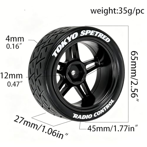 1/10 RC Rally Street Tires OD 65mm with 12mm Hex Hard Plastic Wheels for 1:10 1/12 On Road Drift Touring Car Tamiya TT01 TT02 Traxxas XV02 XV01 TA06 HPI KYOSHO PTG2 A959 4PCS (Black) - color: Black