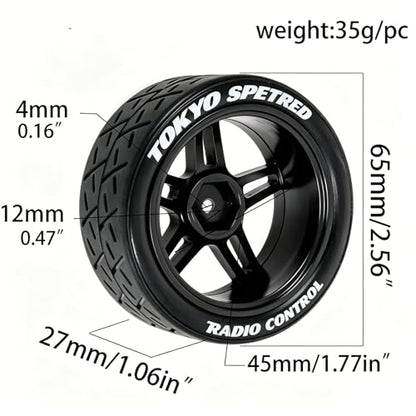 1/10 RC Rally Street Tires OD 65mm with 12mm Hex Hard Plastic Wheels for 1:10 1/12 On Road Drift Touring Car Tamiya TT01 TT02 Traxxas XV02 XV01 TA06 HPI KYOSHO PTG2 A959 4PCS (Black) - color: Black