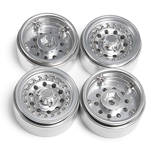 QUE-T 1.9" Pack of 4 Alloy Metal Beadlock Wheel Rims for 1/10 RC Crawler SCX10 90046 D90 Trx4 (Bright Silver) - color: Bright Silver
