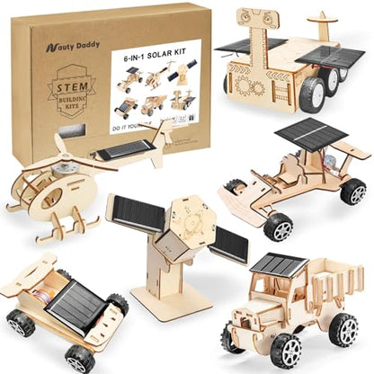 6-in-1 Solar STEM Building Kit, Wooden DIY Construction Set with Satellite, Helicopter, Cars, Educational Science Toy for Kids Ages 6-14 Years (1)