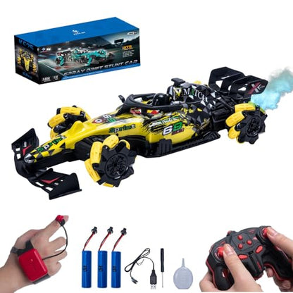 Remote Control Car, Gesture Sensing RC Stunt Car with Spray, 1:14 Scale 4WD 2.4GHz 360° Rotating Drift RC Cars with 3 Battery (Yellow) - color: Yellow, size: 3 Batteries