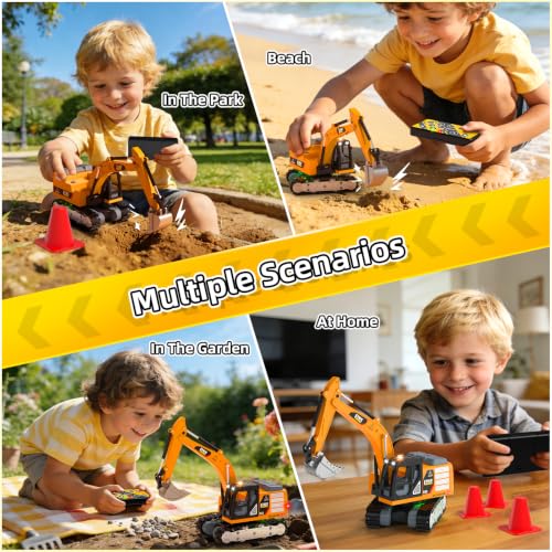 1/64 Remote Control Excavator, 2.4G RC Mini Construction Toys Birthday Gift | Remote Control Cranes,Mini Rechargeable Truck,2 in 1 Transform Lift Fork & Hook, w Sound Light, Toy RC Construction Vehicles - style: excavator