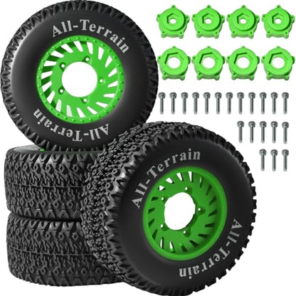 1/10 RC Short Course Truck Tire and Wheel - 12mm/17mm Hex, Green | All-Terrain Tires and Nylon Wheels Compatible with 1/10 Traxxas Slash 4WD 2WD Arrma Senton Axial Losi Redcat RC Buggy, 4-Pack - color: Green