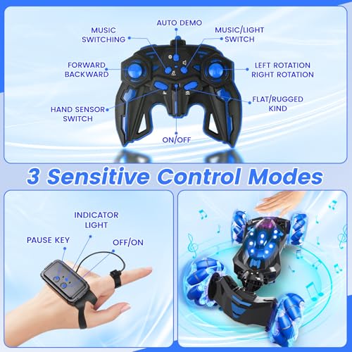 Gesture Sensing RC Stunt Car,Hand RC car Toys Gifts for 5-13 Boys | 4WD Drift Hand Controlled 360° Flips Trick Car with Lights & Music, Toys car is Cool Birthday Gift for Kids Ages 4-12 - color: Blue
