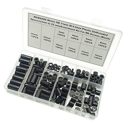 OD 11mm(0.433") ID 6.2mm(0.244") Plastic Unthreaded Spacers Assortment;Wall Plate spacers for M6 Screws;Clearance Spacers;Round Spacers;3mm to 25 mm Lengths(Black) - size: OD 11mm ID 6.2mm