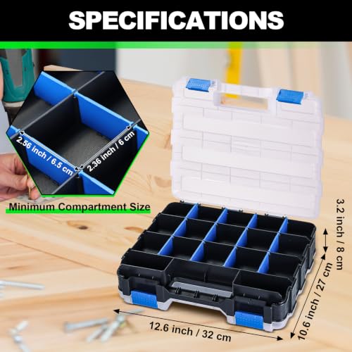 Tool Box with Transparent Lid, 2 Pack Hardware Organizer Box | Double Side 34 Compartments Hardware Organizers with Removable Plastic Dividers for Screws Nuts Nails, Small Parts Box - color: Blue