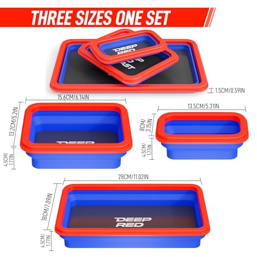 Collapsible Magnetic Parts Tray Set, 3 Pcs Silicone Magnetic Tool Trays | 3 Different Sizes with Strong Magnetic Hold for Screws Nuts Bolts Washers, Garage Toolbox and Auto Repair