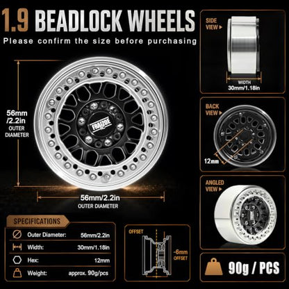 4PCS 1.9" RC Beadlock Wheels with12mm Hex & -6mm Offset Aluminum 30mm Wide Rims for 1/10 RC Crawler, Compatible with TRX4 TRX6 SCX10 SCX10 II III Gen8 RC4WD D90 90046 AXI03007 - color: Silver-Black