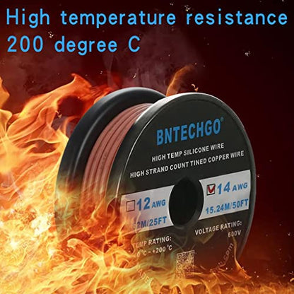 BNTECHGO 14 Gauge Silicone Wire Brown 50ft Stranded Tinned Copper Wire | Flexible 14 AWG Stranded Wire Silicone Rubber Insulation For RC Models, Drone, Robot, Battery, EV Charger, 3D Printer, DIY - color: Brown, size: silicone wire 50ft
