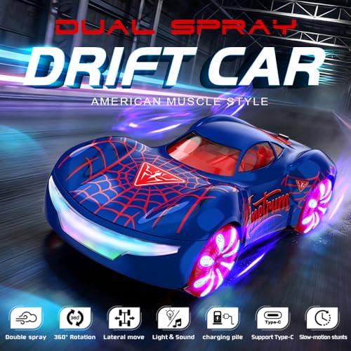 Remote Control Car, 2.4Ghz Spider-Themed 360° Spin, Sideways Movement, Dual Spray, Auto Demo, Adjustable Volume & LED Lights RC Cars for Boys Age 8-12 Gift for Girls Kids Birthday Christmas - color: Blue