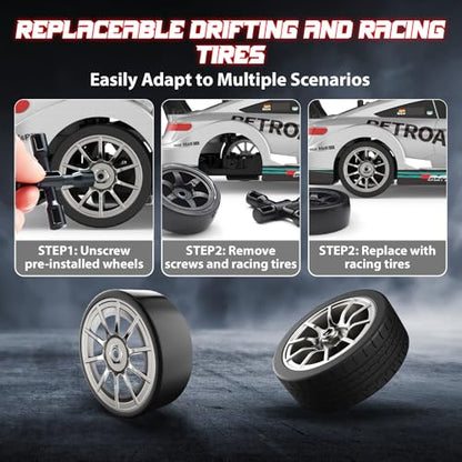 1/16 RC Drift Car, 2.4GHz 4WD Remote Control Drift Car, 30+KM/H High Speed Drift RC Cars with LED Lights 2 Batteries and Drift Tires Race Cars for Adults Boys Kids, Sliver - color: Silver