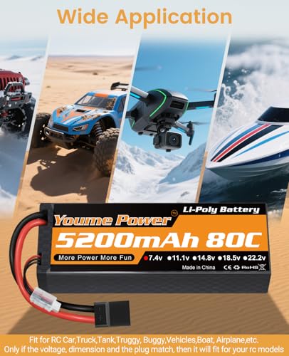 Youme 2S Lipo Battery 7.4V 5200mAh 80C Hardcase Tr for RC Truck Boat 2pcs | 7.4V RC Lipo Batteries 5200mAh 80C Hard Case for Most 1/8 1/10 RC Car/Vehicle/Truck/Buggy Boat Drone Models