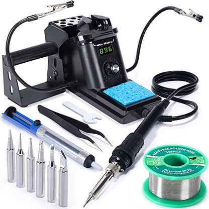 YIHUA 926 III 60W Digital Display Soldering Iron Station Kit w 2 Helping Hands, 6 Extra Iron Tips, Lead-Free Solder, Solder Sucker, S/S Tweezers, °C/ºF Conversion, Auto Sleep & Calibration Support - color: Black