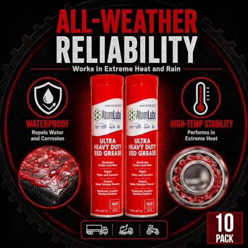 AtomLube Ultra Heavy Duty Red Grease, 10-Pack of 14 oz Tubes | High Temp Waterproof NLGI# 2 Lithium Wheel Bearing Grease for Trucking, Automotive, Trailers, & Agricultral Equipment - size: 10-Pack