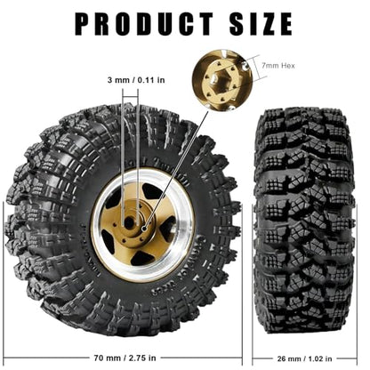 1.3” RC Beadlock Wheel Tires Set 70*26mm for 1/18 1/24 SCX24 TRX4M, Bronze | Aluminum Wheel Rims Super Large Soft Mud Terrain Rubber Off-Road Tires for 1/18 1/24 Micro Crawler Car SCX24 TRX4M Upgrade - color: Bronze