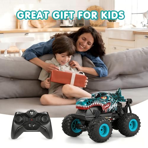 DYODYORC Remote Control Car, 2.4Ghz All Terrain Dinosaur Monster Truck Toys, RC Truck with Music, 3 Lighting Effects, 360 Stunt Capable, 2 Batteries Ready to Run, Toy Gifts for Boys and Girls (Cyan) - color: Cyan Dinosaur