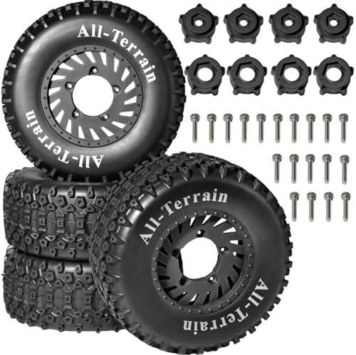 1/10 RC Short Course Truck Wheel Tires Set- 12mm/17mm Hex, Black | All-Terrain Tires and Nylon Wheels Compatible with 1/10 Traxxas Slash 4WD 2WD Arrma Senton Axial Losi Redcat RC Buggy, 4-Pack - color: Black