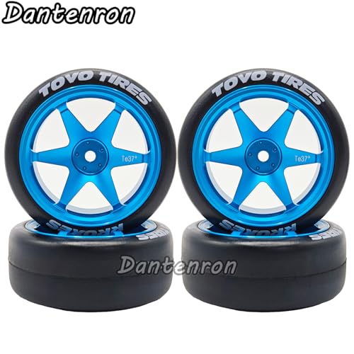1/10 RC Drift Aluminum Wheels and Tires OD 65mm 1/12 Hard Drift Racing Tyres 12mm Hex for 1:10 Rally Street On Road Touring Car Tamiya TT01 TT02 XV01 TA06 A959 PTG2 KYOSHO 4PCS (Blue) - color: Blue