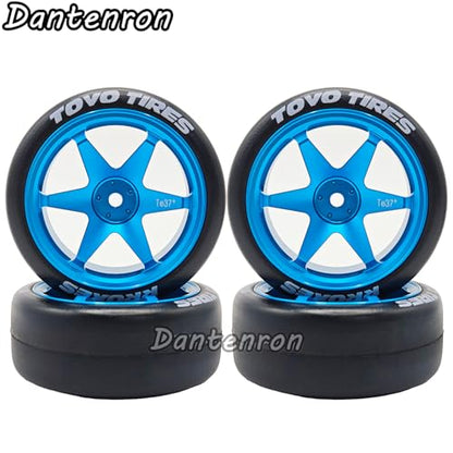 1/10 RC Drift Aluminum Wheels and Tires OD 65mm 1/12 Hard Drift Racing Tyres 12mm Hex for 1:10 Rally Street On Road Touring Car Tamiya TT01 TT02 XV01 TA06 A959 PTG2 KYOSHO 4PCS (Blue) - color: Blue