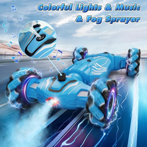 Dysaim Gesture Sensing RC Stunt Car, Cool Birthday Gifts for Boys Ages 6-12 Toys, 4WD Remote Control Car 360° Rotate Transform Drift RC Cars with Lights Music Sprayer, 2.4Ghz Hand Controlled - color: Sky Blue