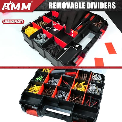 AMM Tool Box, Double Side Tool Box Organizer with 34 Compartments, Removable Dividers, Tackle Box Small Parts Screw Hardware Organizer for Screws, Nuts, Nails and Bolts (2 Piece, Red) - size: 2PC