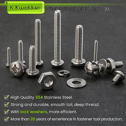 1059Pcs Nuts and Bolts Assortment Kit Phillips Pan Head #2-56#4-40#6-32#8-32#10-24#12-24 Machine Screws, K Kwokker 26 Sizes 304 Stainless Steel Screws Nut and Bolt Assortment with Screw Organizer - size: E. #2-56 - #12-24
