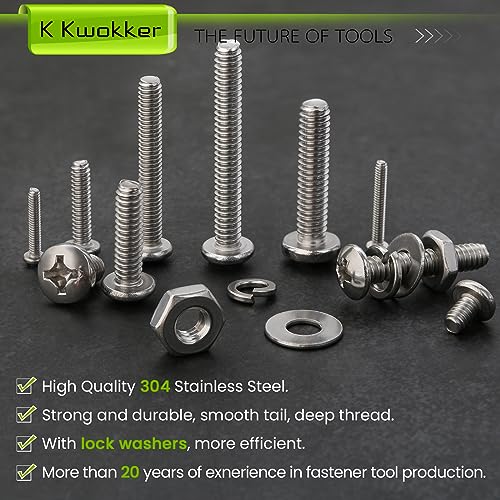 1059Pcs Nuts and Bolts Assortment Kit Phillips Pan Head #2-56#4-40#6-32#8-32#10-24#12-24 Machine Screws, K Kwokker 26 Sizes 304 Stainless Steel Screws Nut and Bolt Assortment with Screw Organizer - size: E. #2-56 - #12-24