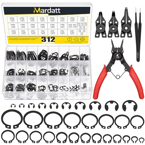 312Pcs 21 Sizes C-clip External Retaining Rings Snap Rings Assortment Set(M4-M28) with 10 Sizes E-Clip Retaining Rings Assortment Set(1.5mm-10mm), 4 in 1 Snap Ring Pliers and Tweezer