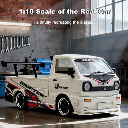 GoolRC WPL D-14S RC Kei Truck, 1:10 Scale Brushless RC Drift Car, 25KM/H High Speed Remote Control Car, 2.4GHz 4WD Proportional Throttle Steering Off Road Truck with LED Lights, 2 Batteries for Adults