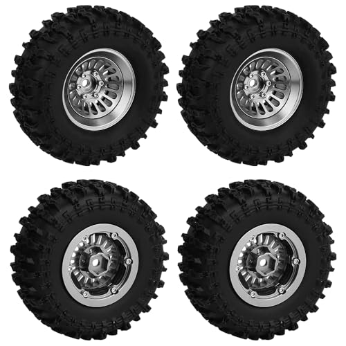 CNC 1.3" Beadlock Wheel Tires Set-Swamp Claw Mud Terrain Tires and Aluminum Wheel for SCX24 1/24 TRX4M Ascent18 1/18 RC Crawler (Gray) - color: Gray