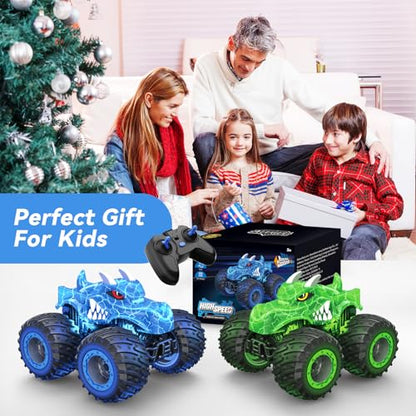 AUUGUU Remote Control Car, 2.4GHz Monster Trucks Toys with Light Spray, Birthday Gift for Kids 3 4 5 6 7 8, All Terrain RC Cars, Toddler Toys for Boys Girls 3+ Year Old - style: Dinosaur-blue