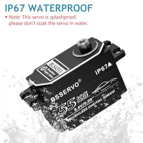 55kg Low Profile Brushless Servo with 2PCS 25T Servo Horn All Metal IP67 Waterproof Digital Servo High Torque Fast Steering Servo for 1/8 1/10 1/12 1/14 RC Car, 270°