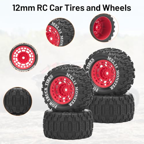 1/16 RC Car Tires and Wheels, daitoku 12mm Hex RC Truck Tires for MiniX Mini XRT 1/16 MJX 16207 16210 16209 16208 HSP 94186 Traxxas E-Revo LOSI 1/18 Mini LMT - Style B (Red) - color: Red