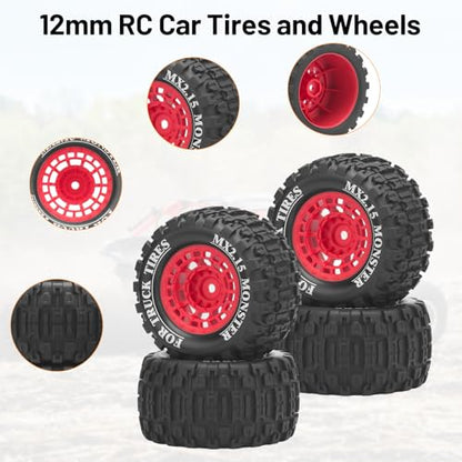 1/16 RC Car Tires and Wheels, daitoku 12mm Hex RC Truck Tires for MiniX Mini XRT 1/16 MJX 16207 16210 16209 16208 HSP 94186 Traxxas E-Revo LOSI 1/18 Mini LMT - Style B (Red) - color: Red