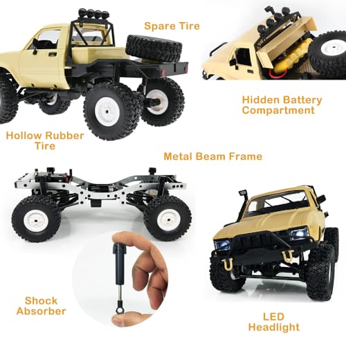 GoolRC RC Truck, WPL C14 RC Crawler 1/16 Scale Remote Control Car, 4WD All Terrain Off Road Semi Truck, 2.4GHz RC Climbing Car with LED Lights and 2 Batteries for Adults (Yellow) - color: Yellow