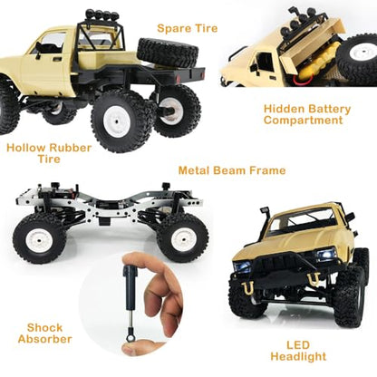 GoolRC RC Truck, WPL C14 RC Crawler 1/16 Scale Remote Control Car, 4WD All Terrain Off Road Semi Truck, 2.4GHz RC Climbing Car with LED Lights and 2 Batteries for Adults (Yellow) - color: Yellow