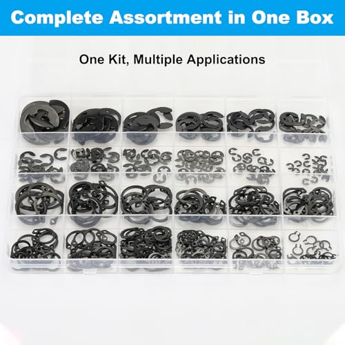 324Pcs C Clips & E Clips Assortment Kit, External Retaining Snap Rings | 24 sizes black carbon steel, C Clip 5mm–16mm, E Clip 2mm–12mm, for shafts, bearings, machinery & automotive repair