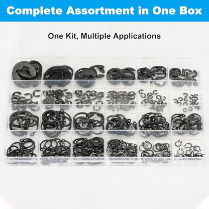 324Pcs C Clips & E Clips Assortment Kit, External Retaining Snap Rings | 24 sizes black carbon steel, C Clip 5mm–16mm, E Clip 2mm–12mm, for shafts, bearings, machinery & automotive repair