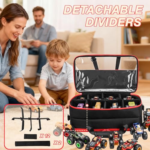 CROTIRAD 1:64 Scale Monster Truck Storage Case, Holds 20+ Die-Cast Vehicles | Carrying Organizer with Removable Dividers, Velvet Lining, Clear PVC Panels, Front Pocket, Shoulder Strap and D-Ring, Black