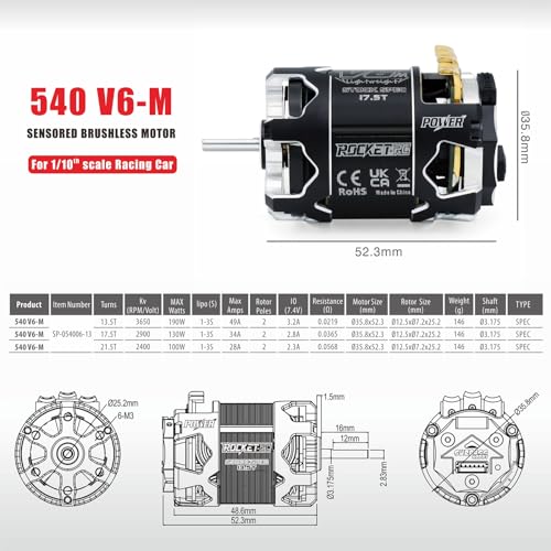 Surpass Hobby Rocket 540 V6M Sensored Brushless Motor, 21.5T KV Brushless Motor Light-Weight SPEC for 1/10 Scale RC Racing Car (Competition 21.5T KV) - size: 21.5T KV, style: 540-V6M Motor